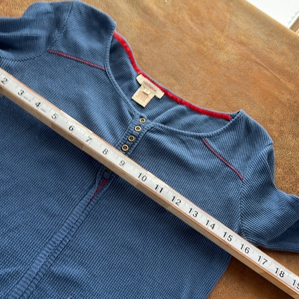 Sundance Women's Blue Long Sleeve Henley Cotton Top with Patterned Cuffs. Small - Picture 6 of 9